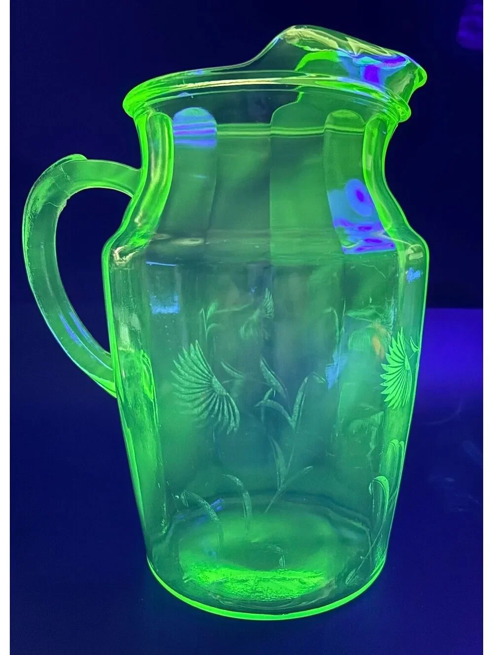 Vintage Uranium Glass Pitcher Green Etched Floral UV Reactive Depression Era